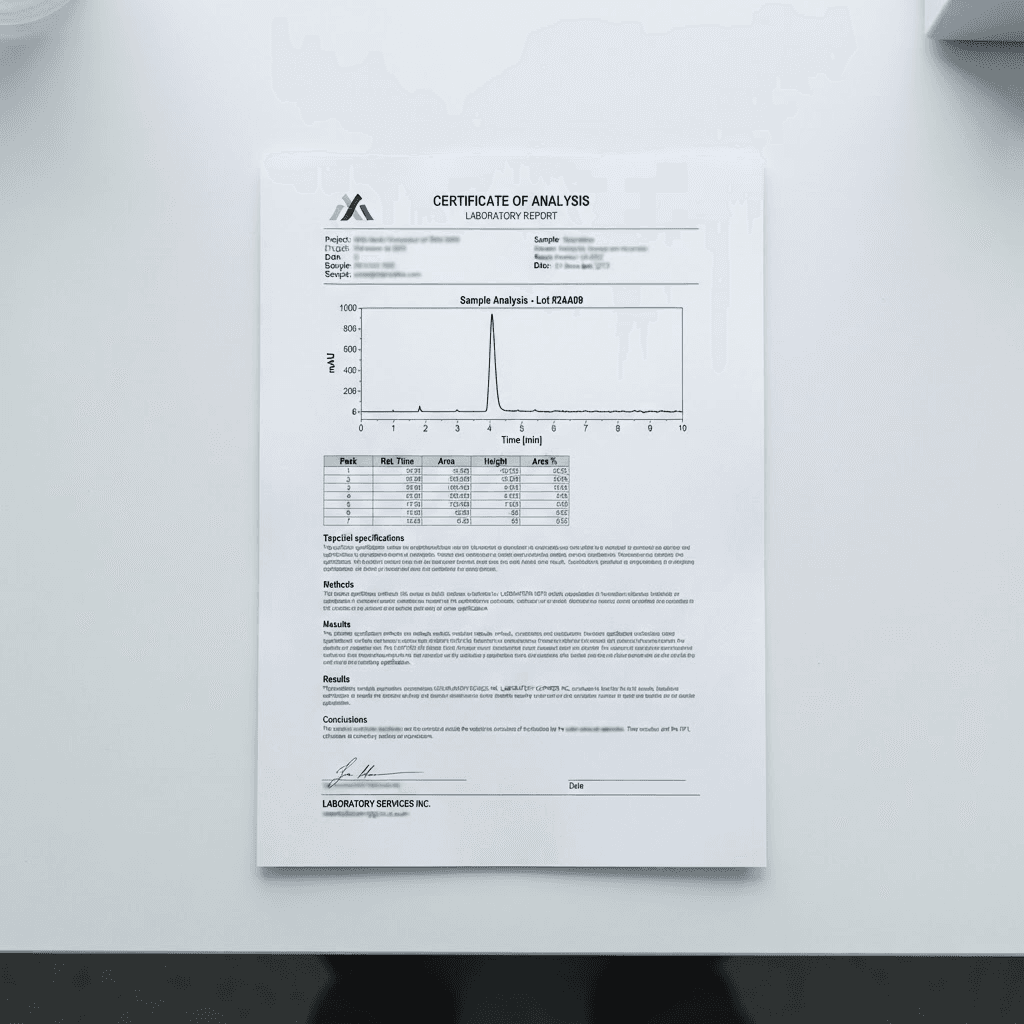 A printed certificate of analysis showing an HPLC chromatogram and purity data table